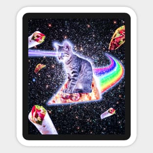 Laser Eyes Space Cat Riding Rainbow Pizza Sticker